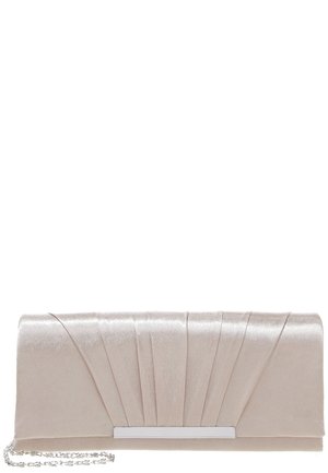 Beige satiiniäppäri, jossa on poimutettu etuosa ja hopeinen ketjuolkaimi, sopii virallisiin tilaisuuksiin.