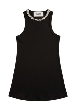 Vestito nero senza maniche con scollatura rotonda decorata con perle bianche e cristalli, etichetta Silvian Heach visibile all'interno.