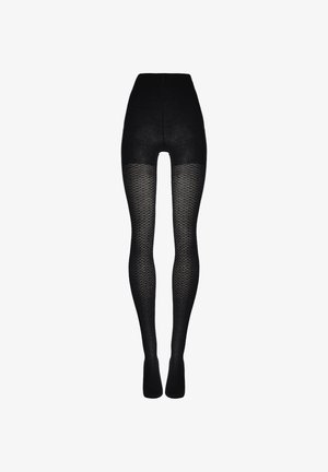 Collant neri con motivo testurizzato, vita alta e sezioni delle gambe trasparenti. Il materiale sembra elastico e aderente.