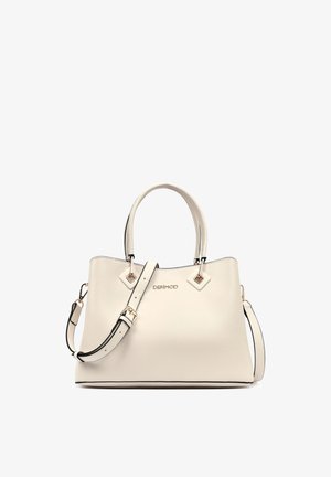 Bolso de cuero color crema con dos asas superiores, correa de hombro ajustable y detalles en herrajes tono dorado.