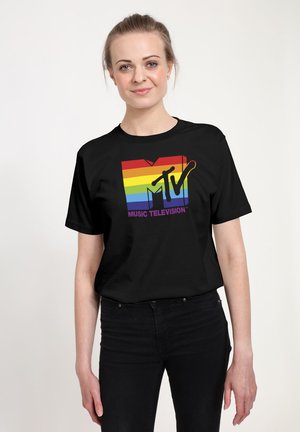 Black short-sleeve t-shirt featuring a multicolored MTV logo with rainbow stripes, "MUSIC TELEVISION" in purple below the logo.