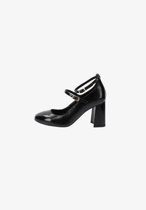 Chaussures Mary Jane en cuir verni noir avec un bout rond, un talon carré épais et deux brides ajustables à la cheville avec des boucles dorées.