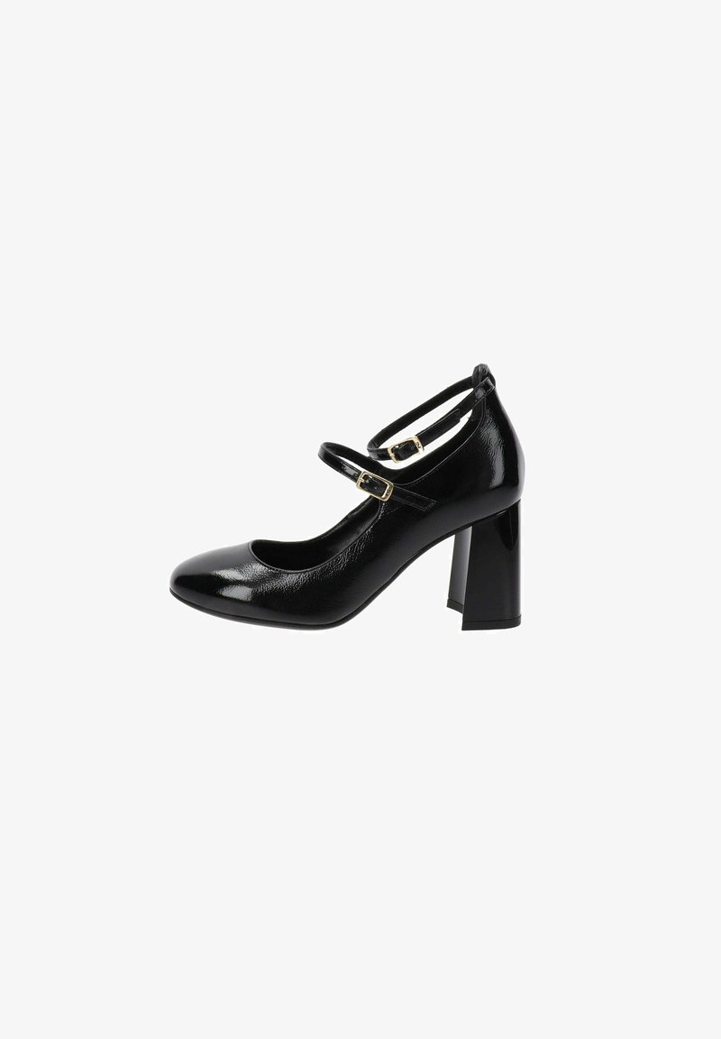 Schwarze Lackleder-Mary-Jane-Schuhe mit runder Zehenpartie, klobigem quadratischem Absatz und zwei verstellbaren Knöchelriemen mit goldenen Schnallen.