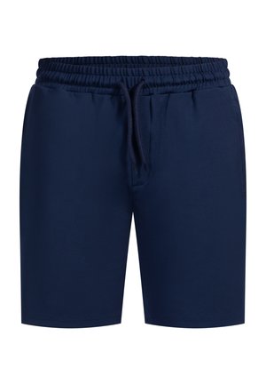 Marineblaue Shorts aus glattem Stoff, mit einem elastischen Bund und einem Kordelzug, ohne Taschen, entworfen für Komfort und Leichtigkeit.