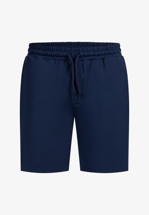Marineblå shorts lavet af glat stof, med en elastisk talje med snøre og uden lommer, designet til komfort og lethed.