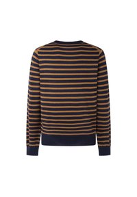 Maglione blu navy con strisce orizzontali color senape, maniche lunghe, polsini e orlo a coste. Tessuto morbido con una vestibilità comoda.