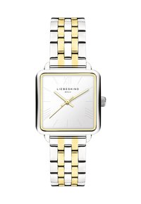 Quadratische silberne Uhr mit einem weißen Zifferblatt, goldenen Akzenten und einem zwei-farbigen Edelstahlarmband, das eine Kombination aus glänzenden und matten Gliedern aufweist.