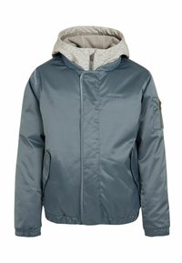 Herrenjacke, hellblau, gepolstert mit grauem Kapuzen, mit Reißverschlusstaschen und elastischen Bündchen. Verfügt über diagonale Nähte und Logo auf der Brust.