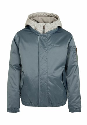 Giacca da uomo, azzurro chiaro, imbottita con cappuccio grigio, tasche con zip e polsini elasticizzati. Caratterizzata da cuciture diagonali e logo sul petto.