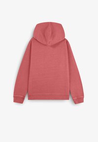 Sudadera de algodón rosa con capucha, mangas largas, puños y dobladillo acanalados. Textura suave y sin patrones o acentos visibles en la parte posterior.