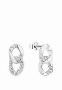 Silver örhängen med två sammanlänkade ovala ringar, en ring utsmyckad med små klara kristaller, präglad 925 på stiftet.