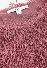 Indumento rosa texturizzato con dettagli a frange, tessuto a rete nel colletto e un'etichetta bianca "NEXT" cucita all'interno.