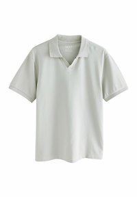 Lys grå polo t-shirt, regular fit, korte ærmer, V-hals design, bomuldsmateriale, glat tekstur, og et lille logo på kraven.