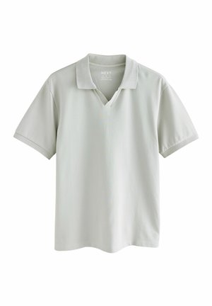 Hellgraues Poloshirt, reguläre Passform, kurze Ärmel, V-Ausschnitt-Design, Baumwollmaterial, glatte Textur und ein kleines Logo am Kragen.