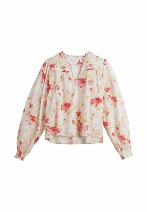 Lichte blouse met lange mouwen, rood-gele bloemenprint, V-hals, geplooide manchetten en een losse pasvorm.