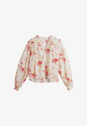 Lekka, bluzka z długim rękawem w czerwoną i żółtą kwiatową kratę, z dekoltem w serek, marszczonymi mankietami i luźnym krojem.