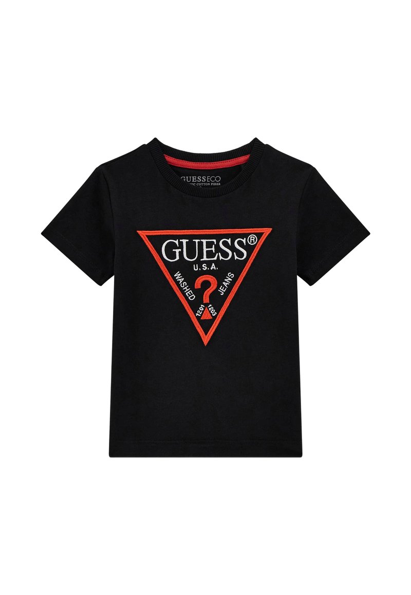 Sort bomulds T-shirt med et rødt trekantet logo med "GUESS U.S.A." og et spørgsmålstegn, med broderede detaljer på forsiden.