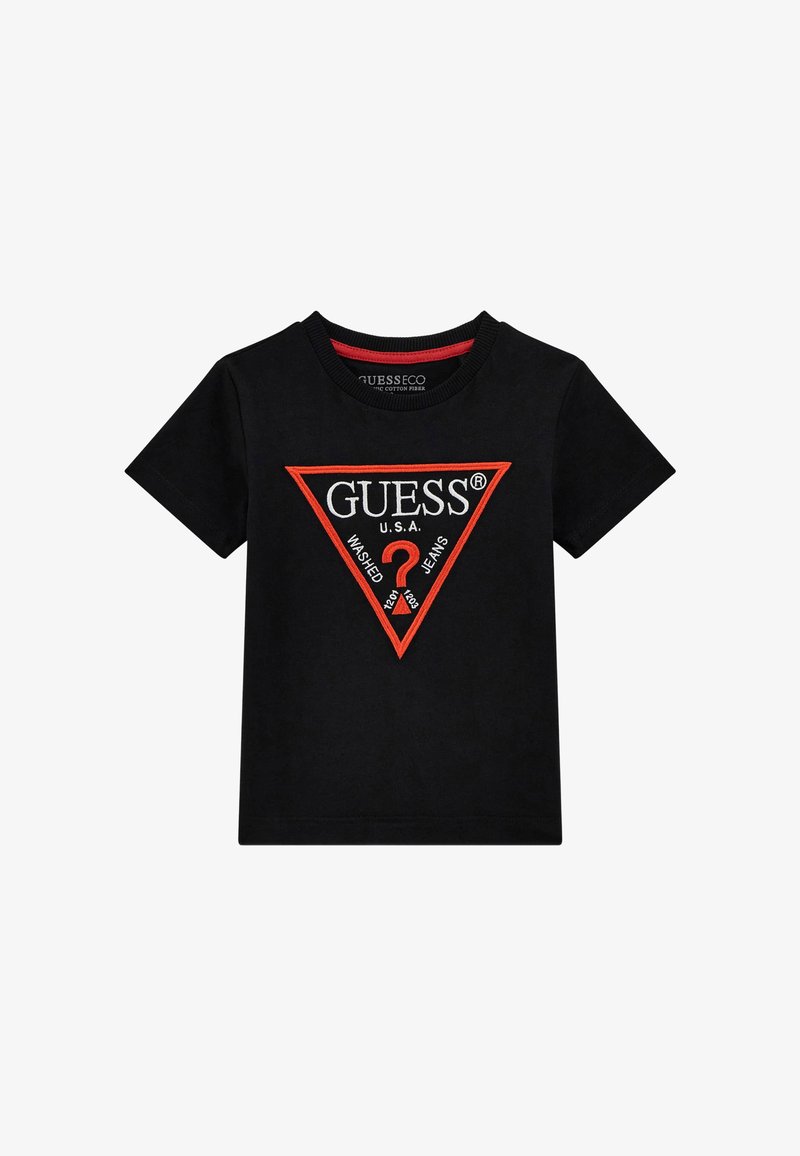 Sort bomulds T-shirt med et rødt trekantet logo med "GUESS U.S.A." og et spørgsmålstegn, med broderede detaljer på forsiden.
