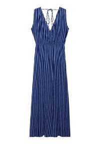 Robe maxi bleu marine avec des rayures blanches verticales, décolleté en V, sans manches et taille cintrée. Comprend un détail à nouer au dos.