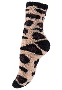 Calza alla caviglia fuzzy beige con un audace motivo leopardato in nero e marrone scuro. Texture morbida con un bordo a coste scuro.