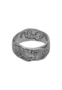 Anello in argento con una superficie testurizzata e un design di un gatto inciso all'interno della fascia. Presenta una forma arrotondata e organica.