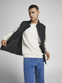 Zwarte gewatteerde gilet met een hoge kraag, open gedragen over een witte sweatshirt, gecombineerd met lichtblauwe jeans. Gladde textuur, modern ontwerp.