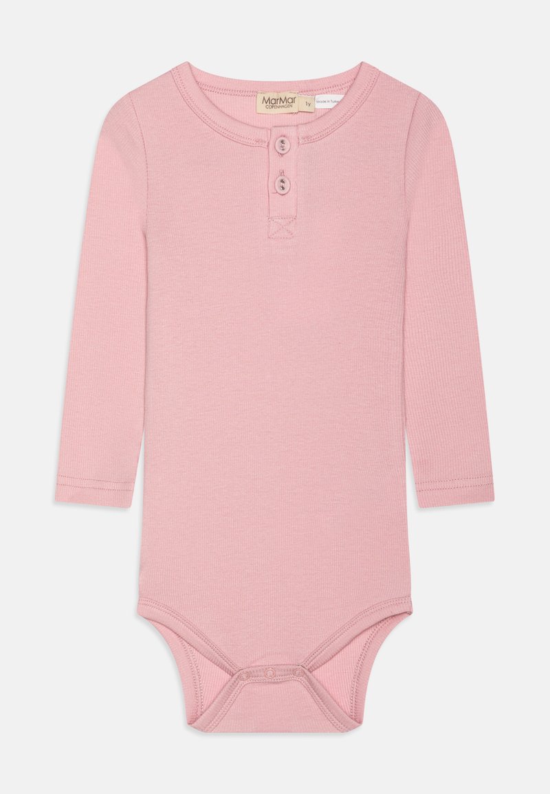 Pink long-sleeve bodysuit made of ribbed fabric, featuring a rounded neckline, two button closure, and snap fasteners at the bottom.