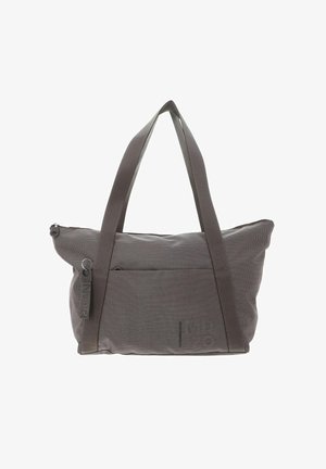 Borsa tote in tessuto grigio con doppie maniglie, chiusura superiore con zip, tasca frontale e branding impresso. Texture liscia con motivi minimi.