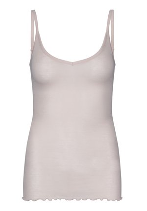 Lichtroze camisole met dunne bandjes, gemaakt van een zachte stof. Beschikt over een v-halslijn en een gegolfde zoom aan de onderkant.