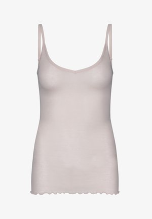 Lichtroze camisole met dunne bandjes, gemaakt van een zachte stof. Beschikt over een v-halslijn en een gegolfde zoom aan de onderkant.