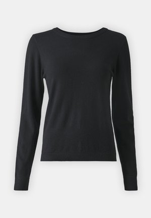 Black long-sleeve sweater made of soft fabric. Features a round neckline, ribbed cuffs, and hem. Smooth texture with a fitted silhouette.