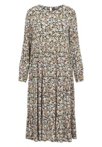 Blommig midiklänning i lätt tyg med lång ärm. Har en svart bakgrund med rosa, vita och blå blommor, smockad midja och lagerdesign.