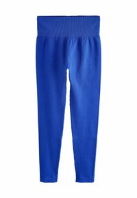 Blauwe geribde leggings met een brede tailleband. Gemaakt van een rekbare stof, ontworpen om snugger te zitten met een gladde textuur.