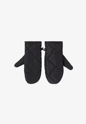 Manoplas acolchadas negras con un patrón de diamantes, que presentan una abertura con puño y una muñequera de punto para mayor calidez y comodidad.