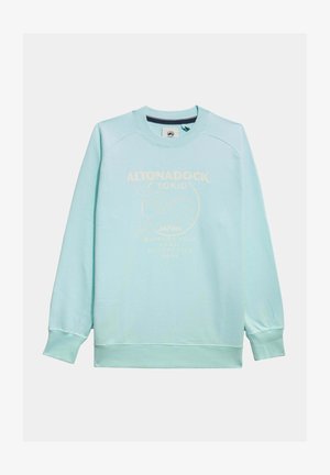 Sudadera de color azul claro con mangas largas, cuello redondo y puños de canalé. Presenta un diseño gráfico de texto en blanco en la parte frontal. Textura suave.