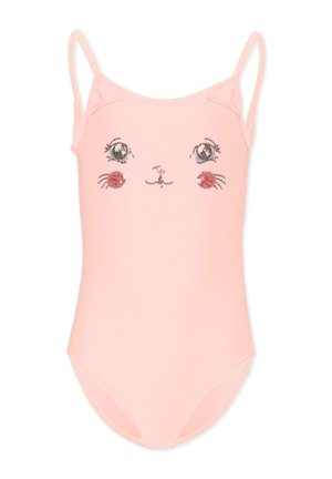 Różowy jednoczęściowy strój kąpielowy z cienkimi ramiączkami, z uroczym wzorem twarzy kota z dużymi oczami i wąsikami na przodzie.