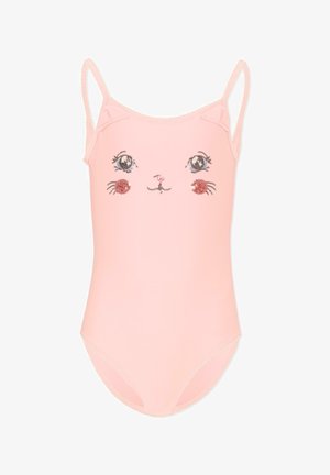 Maillot de bain une pièce rose avec fines bretelles, présentant un design adorable de visage de chat avec de grands yeux et des moustaches à l'avant.