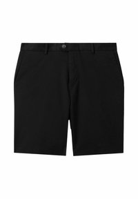 Simogató anyagból készült fekete shorts, gombos záródással, övbujtókkal és két oldalsó zsebbel. Egyszerű dizájn, egyenes szabás.
