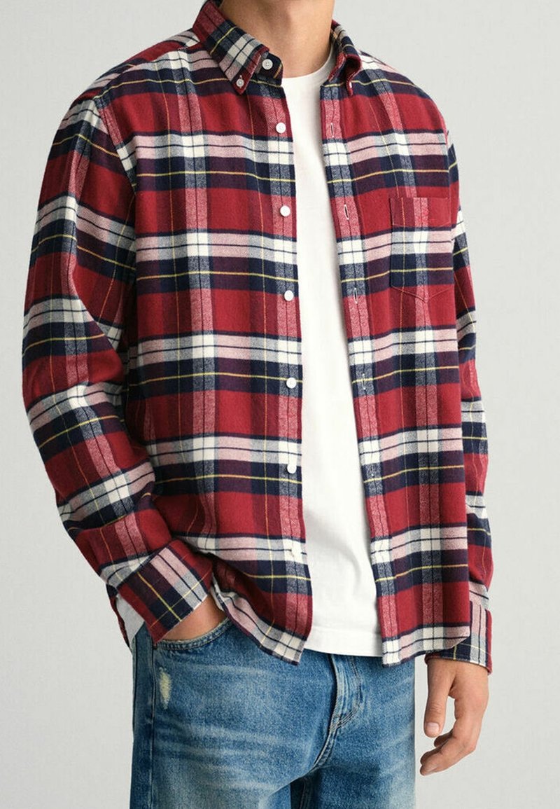 Homme portant une chemise à carreaux rouge, blanche, bleu marine et jaune boutonnée sur un t-shirt blanc avec un jean bleu, main dans la poche.