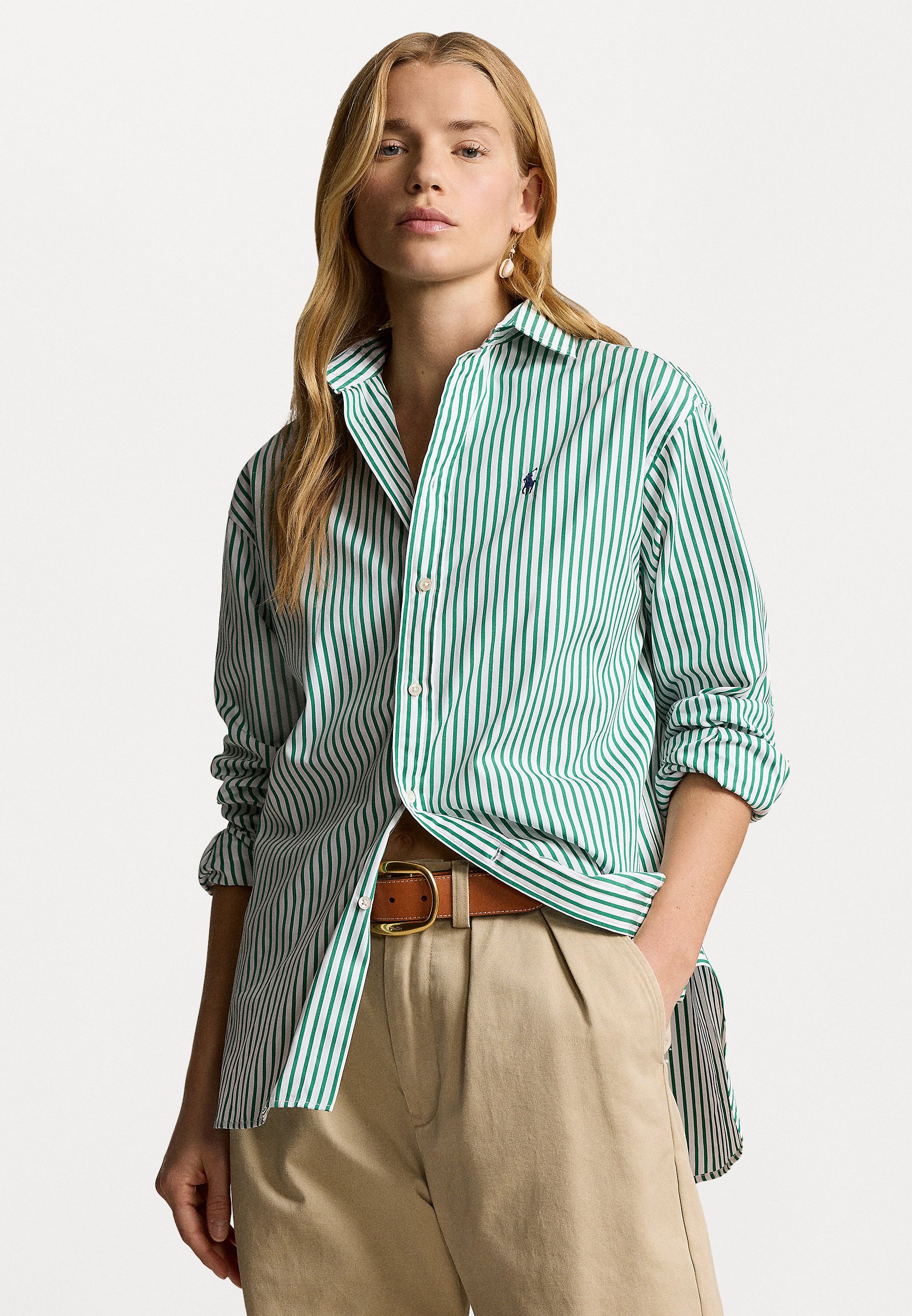white dress shirt with green stripes William in Green and White Stripe Shirt in White Collar & Cuff, 17.5 34/35 main image 1