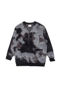 Cardigan abbottonato con motivo astratto tie-dye in nero, grigio e marrone scuro, due tasche frontali e polsini e orlo a coste.