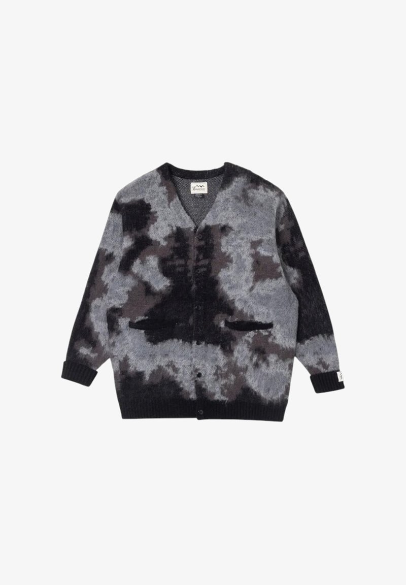 Cardigan abbottonato con motivo astratto tie-dye in nero, grigio e marrone scuro, due tasche frontali e polsini e orlo a coste.