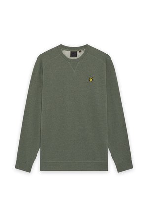 Olijfgroene crewneck trui met lange mouwen en een klein geel geborduurd vogel-logo op de linkerborst.