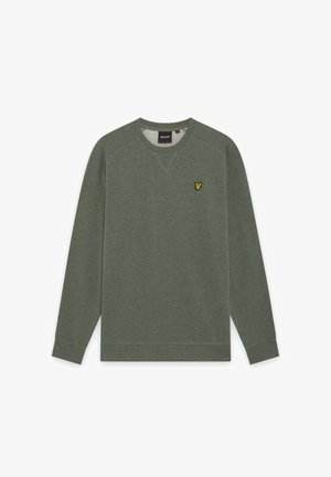 Olijfgroene crewneck trui met lange mouwen en een klein geel geborduurd vogel-logo op de linkerborst.