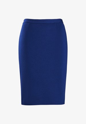 Royal blue pencil skirt made of textured fabric with a slim fit. Features a smooth waistband and is knee-length with no visible fasteners.
