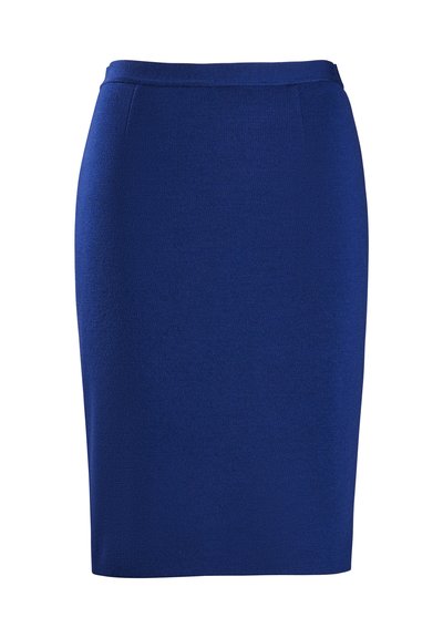 Jupe crayon bleu royal en tissu texturé avec une coupe ajustée. Présente une taille lisse et est de longueur genou sans fermetures visibles.