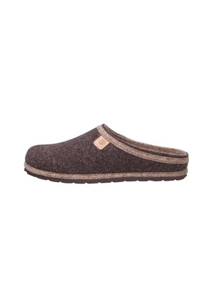 Dark brown felt clogs with a beige accent band and logo patch. Features a textured upper and a rubber sole for grip and durability.