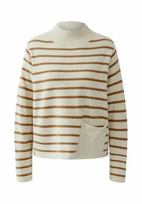 Cremefarbener Pullover mit schmalen, horizontalen braunen Streifen, hohem Kragen und einer Fronttasche. Weicher Stoff und lockere Passform.