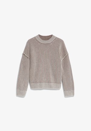Gestreifter Pullover mit Rundhalsausschnitt, der abwechselnde Brauntöne und Beige zeigt, ribbelige Textur und entspannte Passform mit überschnittenen Schultern aufweist.