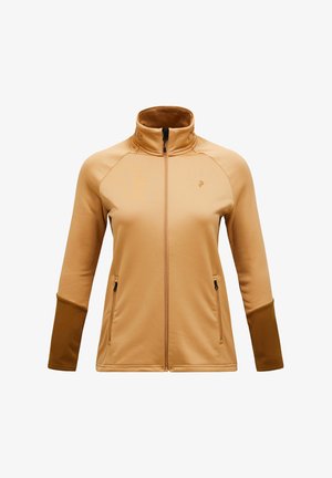 Hellbraune Zip-Jacke aus weichem Stoff, mit Stehkragen, kontrastierenden braunen Bündchen und zwei mit Reißverschluss versehenen Taschen.